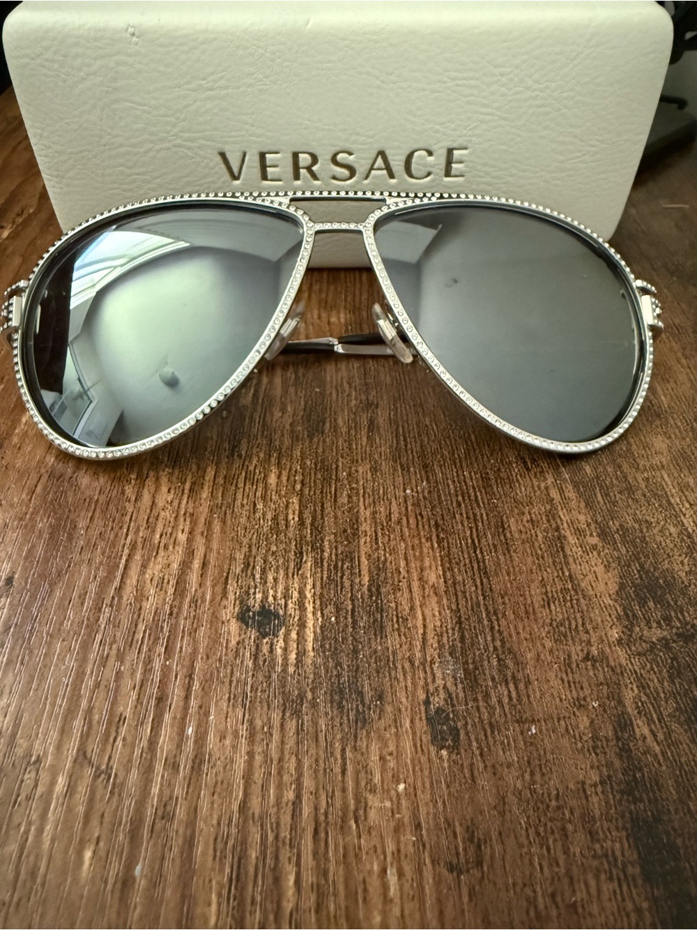 Versace Silver Aviator Sunglasses with Gray Lenses and Crystal Trim